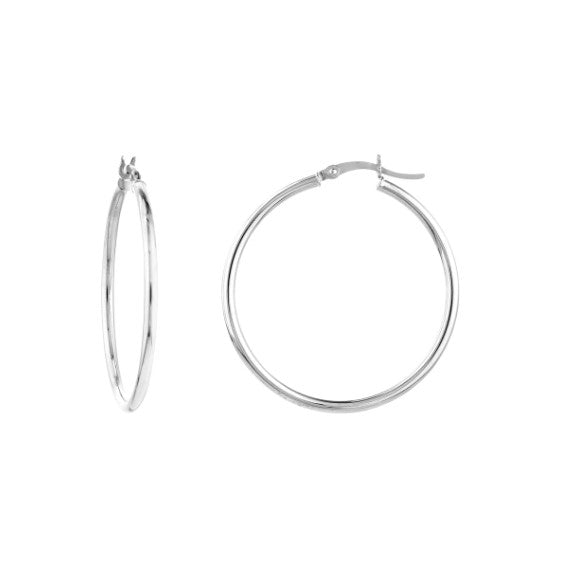 14K White Gold 2mm x 35mm Polished Hoop Earrings - Available in Yellow, White, and Rose Gold