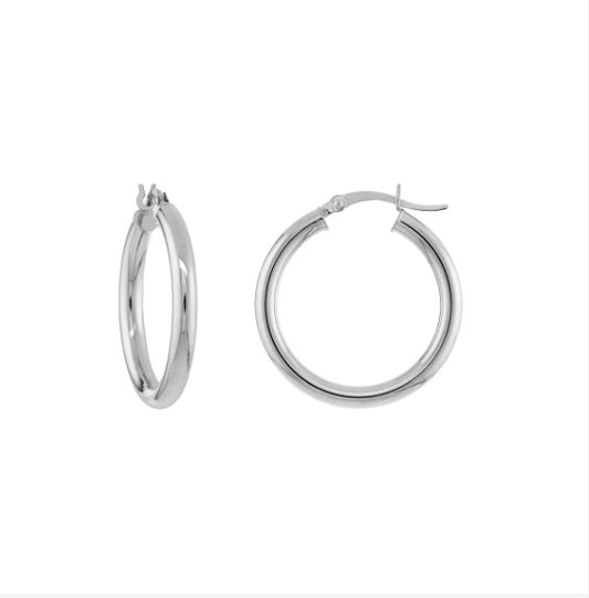 14K White Gold 3mm x 25mm Polished Hoop Earrings - Available in Yellow, White, and Rose Gold