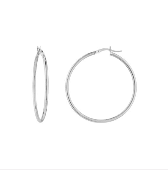 14K White Gold 2mm x 40mm Polished Hoop Earrings - Available in Yellow, White, and Rose Gold