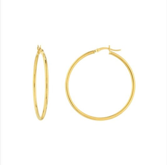 14K Yellow Gold 2mm x 40mm Polished Hoop Earrings - Available in Yellow, White, and Rose Gold